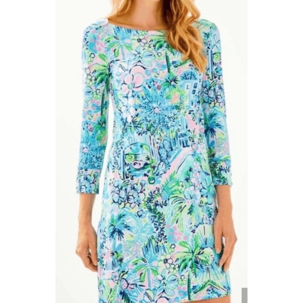 Lilly Pulitzer Hollee Dress Blue Green Sea Print Gold Button Boatneck Small